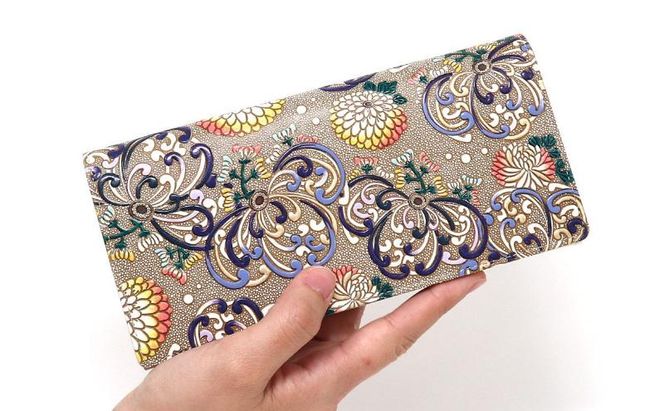 【文庫屋大関】束入れ 乱菊＜青紫＞【皮革工芸品】 財布 お札 お札入れ 長財布 カード 小銭 牛革 手作り 日本製 墨田区 東京都