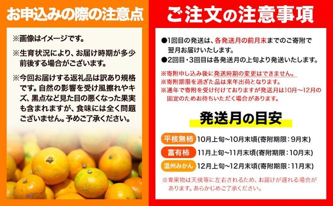 【発送月固定定期便】フルーツセット ご家庭用 訳あり果物セット (平核無柿 富有柿 みかん)【全３回】 魚鶴商店《10月上旬-1月上旬出荷予定(土日祝除く)》 和歌山県 日高川町 平核無柿 富有柿 柿 みかん 柑橘 蜜柑 果物 フルーツ 送料無料 定期便---wshg_uot112tei_26_40000_101112y3---