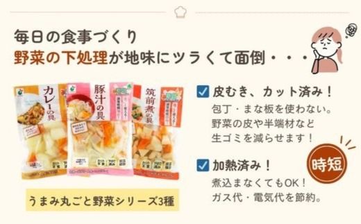 「うまみ丸ごと野菜シリーズ3種（カレーの具、豚汁の具、筑前煮の具）」×各5袋 ※離島への配送不可