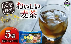 麦茶 二度焙煎 おいしい麦茶50パック 5袋 水出し 麦茶 お茶 飲料 パック ティーバッグ 水出し ノンカフェイン 焙煎 むぎ茶 1L ~ 1.5L リットル 静岡県 藤枝市