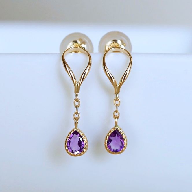 K10YG(10金) イエローゴールド 揺れる アメシスト アンティーク ピアス 保証書付 2274 242-049-a