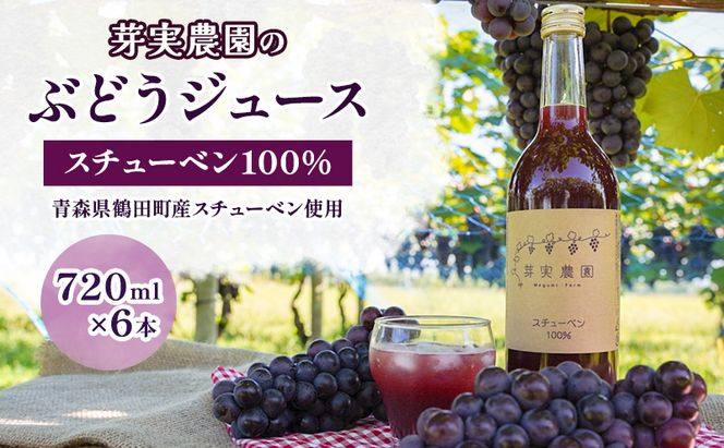 芽実農園のぶどうジュース（スチューベン100％）720ml×6本 青森県鶴田町産スチューベン使用 果汁飲料 安心安全 無添加 果汁100％ストレートジュース 糖度20度以上 濃厚 