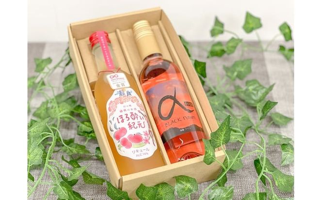 【きよとうファーム】薫り高い黒ぶどう「黒いアルファ」のワインと幻の桃「蟠桃」のリキュールのお酒2本セット (岡山県産)【KF-S009-01】