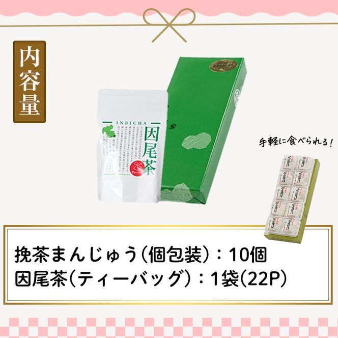 挽茶まんじゅう(10個入り)と因尾茶ティーバッグ(1袋・22P入り)セット 全国菓子博覧会内閣総理大臣賞 饅頭 まんじゅう 茶 抹茶 薄皮 特産品 スイーツ お菓子 おやつ 和菓子 お取り寄せ 個包装【HD227】【さいき本舗 城下堂】