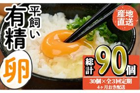 ＜定期便・全3回＞産直・平飼い有精卵 (総計90個・30個×3回(4ヶ月おき発送)) 卵 玉子 卵かけご飯 玉子焼き 平飼い 鶏 鶏卵 養鶏場直送 朝採れ 新鮮 大分県 佐伯市 【HM03】【佐伯養鶏場】