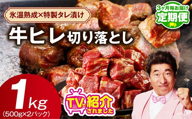mrzZ049 [定期便]牛ヒレ肉 切り落とし 1kg×全2回[小分け 500g×2P 氷温熟成×特製ダレ サイズ不揃い やわらか ステーキ ひと口サイズ カット済み 2026年1月&4月発送]