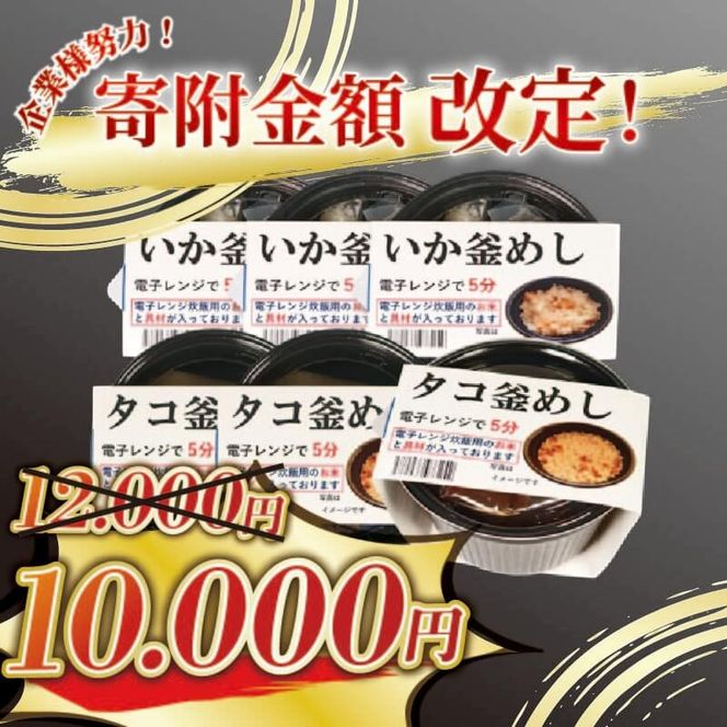 釜めし 6個 いか釜めし3個 タコ釜めし3個 電子レンジ 簡単 手軽 加工食品 魚貝類 海産物 海の幸 いか 烏賊 たこ 蛸 長期保存 防災 備蓄 常温 常温保存 岩手県 大船渡市 [taiko006_1]