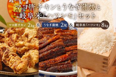 「マヨ唐チキン」と「炭かおる地焼き　うなぎ蒲焼（たれ付）」と「岐阜米ハツシモ1等米」のセット【0021-015】