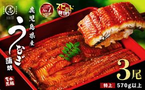 鹿児島県産うなぎ蒲焼 名水慈鰻 特上3尾(1尾190g以上)＜計570g以上＞ b1-023