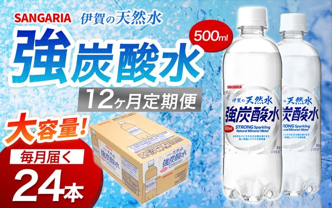 【12ヶ月定期便】サンガリア　伊賀の天然水　強炭酸水　1ケース（500mL×24本）【igge-tkb0004】