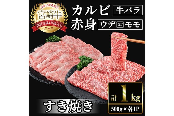 宮崎牛 赤身＆カルビカット すき焼き (合計1kg・500g×2) すき焼き お肉 牛肉 黒毛和牛 宮崎牛 ブランド和牛 冷凍 国産 カルビ 赤身 宮崎県産 【YM-45】【YAMATO株式会社】
