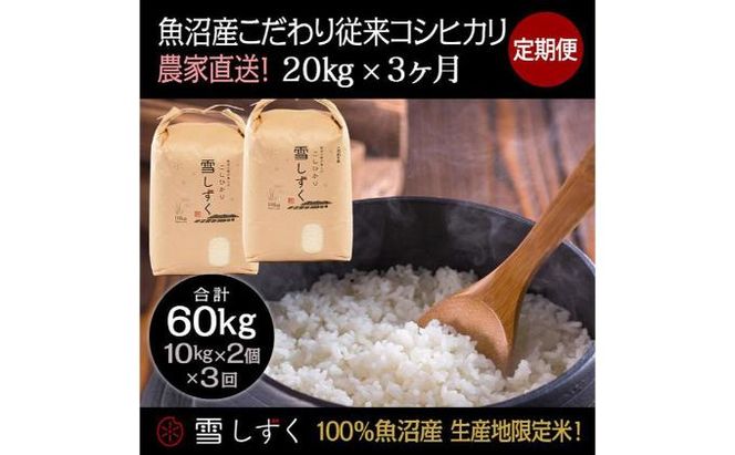 【令和7年産】定期便！魚沼産こだわり従来コシヒカリ【合計60kg】毎月20kg×3回 ブランド米 銘柄米 白米 精米 ご飯 おにぎり お弁当 