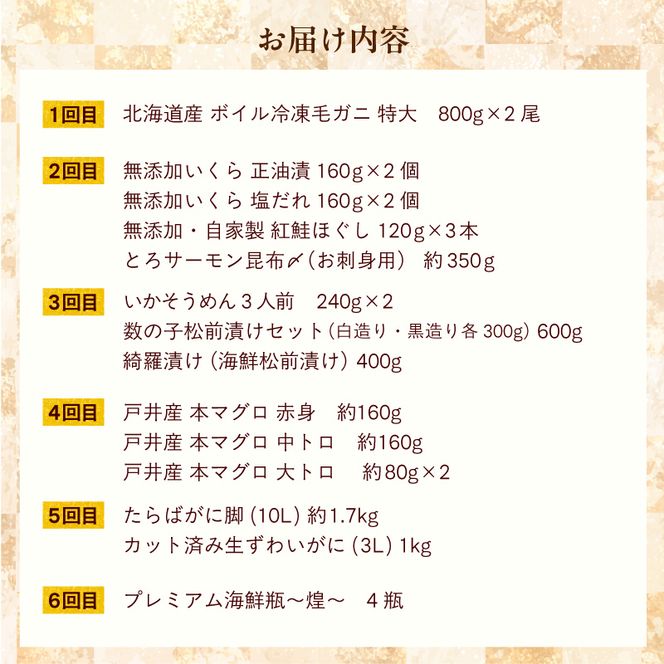 はこだて 海の幸 定期便 50万円 全6回 厳選 海の恵み 毛がに 本まぐろ たらばがに いくら 紅鮭ほぐし とろサーモン 昆布〆 いかそうめん 数の子松前漬け 生ずわいがに プレミアム 海鮮瓶 鮮度抜群 海産物 月替り 堪能 お取り寄せ 北海道 函館市 送料無料_HS001-006