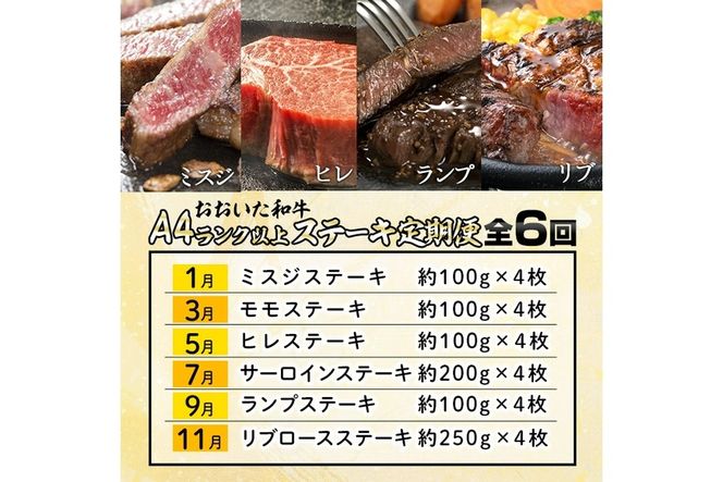 ＜定期便・全6回 (隔月)＞おおいた和牛 低温熟成 ステーキ 定期便 (2ヶ月ごとにお届け) 国産 牛肉 肉 霜降り A4 ミスジ モモ ヒレ サーロイン ランプ リブ 和牛 ブランド牛 冷凍 【DH186】【(株)ネクサ】