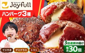 【全3回定期便】【福岡工場直送】ジョイフル ハンバーグ スペシャル 詰め合わせ 3種 30個セット 《築上町》【株式会社　ジョイフル】[ABAA042]
