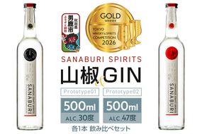 スピリッツ＆ジン SANABURI SPIRITS 山椒 prototype_01 ＆ SANABURI SPIRITS GIN prototype_02 2種飲み比べセット 500ml×各1本セット 秋田 男鹿 [スピリッツ SPIRITS ドライジン ジン 蒸留酒 酒 お酒 和山椒 山椒 爽やかな香り ソーダ割り お湯割り 緑茶割り秋田県 男鹿市 サナブリ]|23_snb-030201