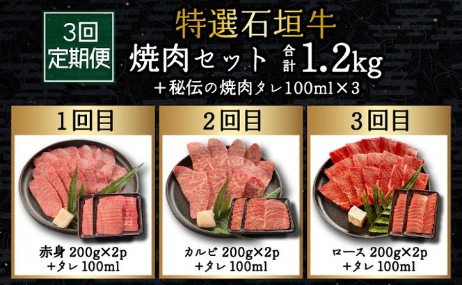 【2025年11月以降順次発送】希少な特選石垣牛をご家庭で！！全3回合計1.2kgの焼肉セット　赤身（モモ、ランプ）、カルビ、ロース各400gずつ&石垣牛 MARU秘伝の焼肉タレ100ml×3本