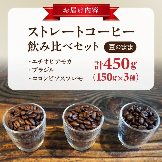 ストレートコーヒー飲み比べセット（豆のまま） ［104T02］ ストレートコーヒー 飲み比べセット 豆のまま コーヒー豆 エチオピアモカ 浅煎り ブラジル 中煎り コロンビアスプレモ 深煎り コーヒー好き 豆香館 三種飲み比べ セット コーヒー プレゼント用 ギフト用 愛知県 小牧市 送料無料