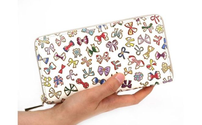 【文庫屋大関】 大容量　ぐるっとファスナーの長財布　プチリボン【皮革工芸品】 ファッション小物 民芸品 