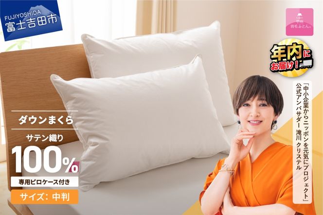 ダウンまくら中判(1個)　ピローケース付(1枚)【甲州羽毛ふとん】 まくら 枕 ピローケース 寝具 ダウンピロー 綿100％ 年内発送 山梨 富士吉田