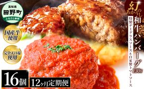 幻のあかうし和牛ハンバーグ 16個入り 12ヶ月定期便 1個130g 特製デミソース トマトソース付き 田野屋青蜂 白鯆 完全天日塩練り込み 肉 お肉 国産牛 おかず おいしい お取り寄せ 冷凍 配送 高知県 田野町