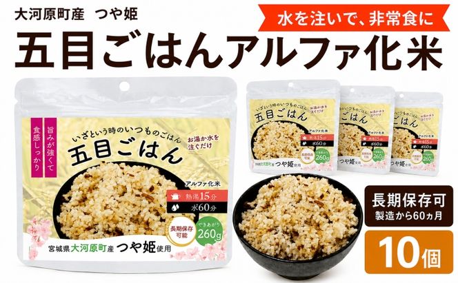 宮城県大河原町産つや姫のアルファ化米 五目ごはん 100g 10袋セット お米 長期保存 非常食 アルファ米 ご飯 ごはん 防災食 備蓄 保存食 常温 つや姫