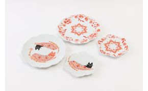 ハレクタニ　レリーフ皿セット　赤絵（ねこ・花） 172111_CY7007