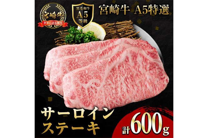 新鮮チルド便 宮崎牛 A5 特選 サーロイン ステーキ(計600g・200g×3P) 和牛 BBQ アウトドア キャンプ 小分け パック 冷蔵 真空パック ブランド牛 ランク パーティー ご褒美 おかず【OT-06】【KNOT合同会社】