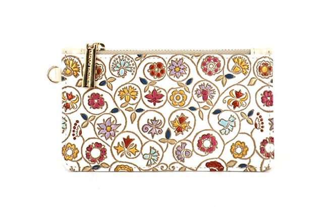 【文庫屋大関】すっきりカードケース　金唐小花【皮革工芸品】 ファッション小物 雑貨 フラグメントケース 小銭入れ付き 収納 スマート 日本製 花柄 