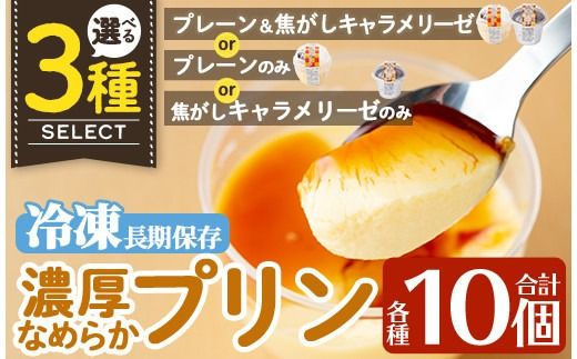 a529 選べる冷凍プリン！濃厚なめらかプリン各種合計10個(プレーン＆焦がしキャラメリーゼ計10個・プレーン10個・キャラメリーゼ10個)【かじはらプリン】姶良市 鹿児島県産 手づくり プリン専門店 ぷりん スイーツ おやつ デザート 洋菓子 冷凍 長期保存