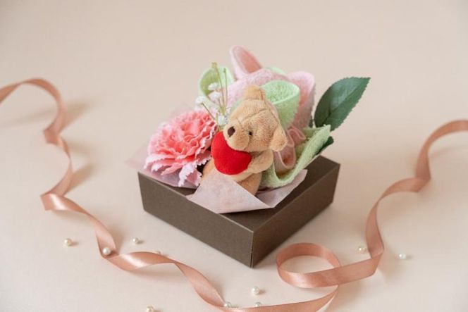 G1695m 【母の日】泉州タオルフラワー くまちゃんアレンジ クリアボックス入