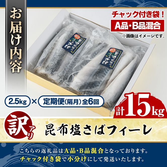 ＜定期便(隔月)・全6回＞訳あり！昆布塩さばフィーレ(A品B品混合・計15kg) 大容量 ボリューム サバ 鯖 おかず おつまみ 惣菜 焼き魚 切り身 昆布 ご家庭用 リピート 定期便 【グローバルフーズ】akn061-26