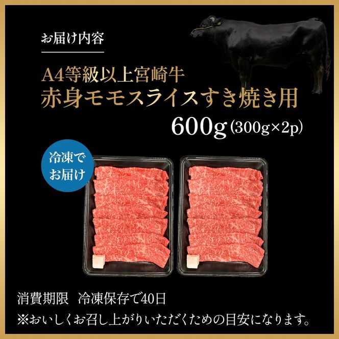 宮崎県西ノ原牧場・A4等級以上宮崎牛赤身すき焼きモモ 600g（国産 牛肉 肉 宮崎牛 黒毛和牛 お肉 すき焼き なかにし和牛 焼肉 人気 モモ スライス ）