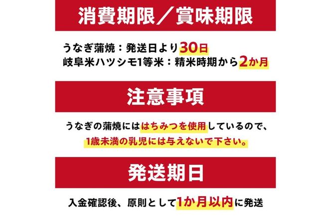 「炭かおる地焼き　うなぎ蒲焼（たれ付）3尾」と「2025年産米　岐阜米ハツシモ1等米5kg」 【0021-014】
