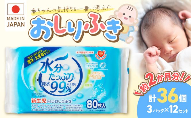 水分たっぷり純水99％ おしりふき80枚入×3Ｐ×12セット（合計36個） ウエットティッシュ ウェットティッシュ ウエットシート ウェットシート [032T01]