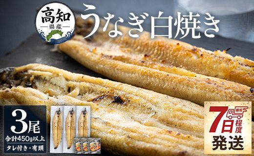 うなぎ 白焼き 高知県産うなぎの白焼き 150～180ｇ×3尾 早い スピード発送 7日程度 早く届く スピード配送 エコ包装 国産 うなぎ 白焼き 鰻 冷凍 高知 yw-0115