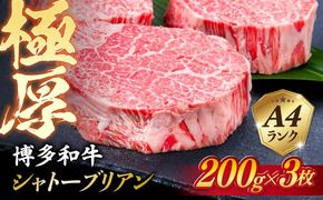 【極厚シャトーブリアン】約200g×3枚 博多和牛 A4ランク 和牛 ヒレ《糸島》【糸島ミートデリ工房】 [ACA172] ヒレステーキ ステーキ ヒレ フィレ 牛肉 赤身 国産 肉 和牛  黒毛和牛
