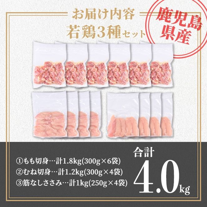 isa713 鹿児島県産 若鶏3種ビックセット(合計4kg) 鹿児島県産 小分け 若鶏 鶏肉 鶏 肉 もも もも肉 むね むね肉 切身 カット済 ささみ ササミ 筋なし セット 詰め合わせ 冷凍  【TRINITY】