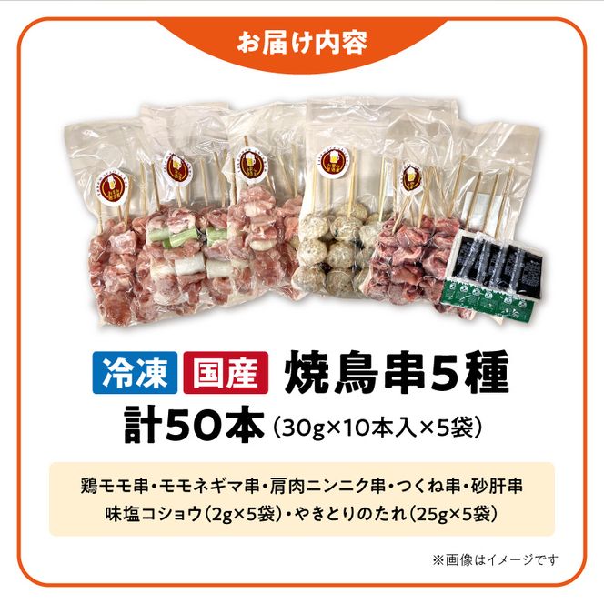 【大満足セット】冷凍国産鶏 焼き鳥串 人気の5種 合計50本セット 小分け パック［129T07］