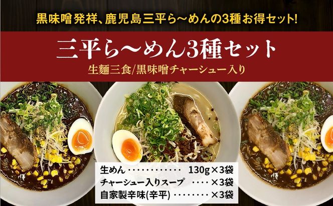 【冷凍配送】三平ら～めん 3種セット（生麺三食/黒味噌チャーシュー入り）　K029-002