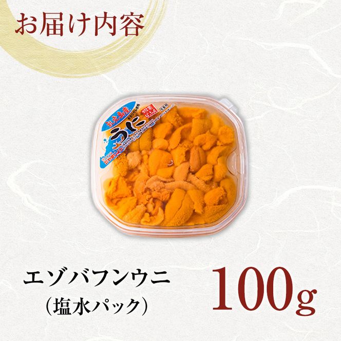 北海道 礼文島産 採れたて ミョウバン不使用 エゾバフンウニ 塩水パック 100g×1個［株式会社やまじょう］【 うに ウニ 雲丹 生うに 塩水うに バフンウニ 滅菌海水 海鮮 うに丼 濃厚 甘み 】