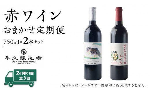 【 3ヶ月隔月 】 赤ワイン おまかせ 定期便 2本セット 飲み比べ 茨城県産 牛久醸造場 厳選 750ml × 2本 お酒 ワイン ワイン好き 初心者 上級者 贈り物 ギフト 詰め合わせ [BJ040us]