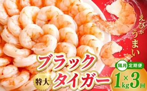 kgp0116 特大ブラックタイガー 定期便 1kg×全3回 むきえび 30-40尾 背ワタなし【2か月に1回配送コース】