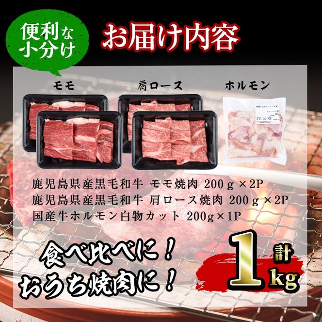 【焼肉3種！食べ比べセット】鹿児島県産黒毛和牛 モモ・肩ロース・国産ホルモンの焼肉3種セット＜計1kg＞ b2-030