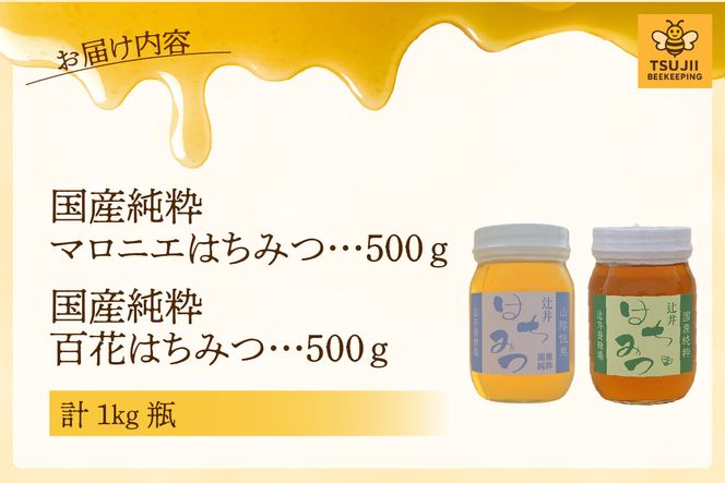 【国産純粋 マロニエはちみつ 百花はちみつ 各500g 計1kg 瓶】国産 純粋 マロニエ 百花 はちみつ ハチミツ 蜂蜜 栃の木 紅茶 パン ヨーグルト おすすめ 兵庫県 香美町 辻井養蜂場 81-06