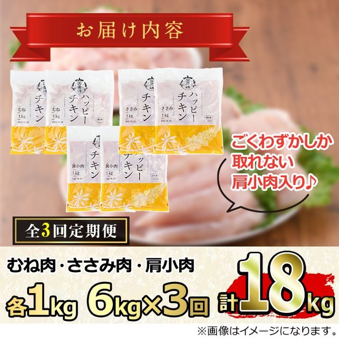 【0354805b】＜定期便・隔月全3回＞国産若鶏肉ヘルシーセット(合計6kg×3回・ムネ、ささみ、肩小肉) 鶏肉 鳥肉 とり肉 むね肉 おかず 小分け 国産【エビス】