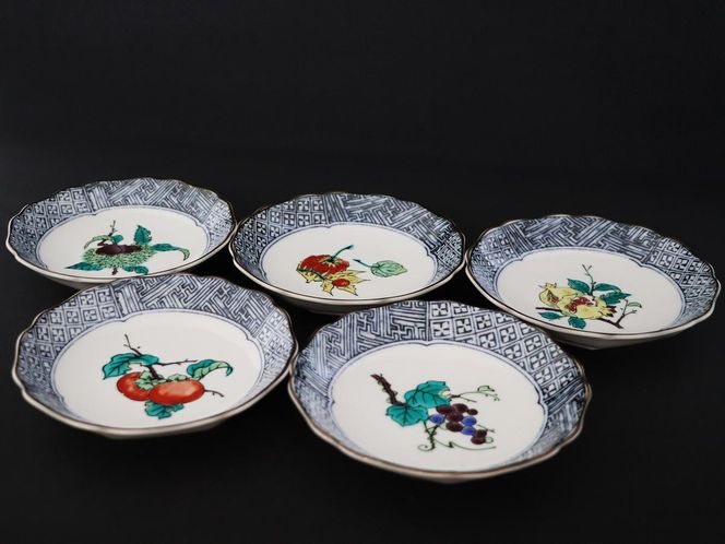 九谷焼　4.2号皿揃　果実絵変り（5枚セット）a01 工芸品 