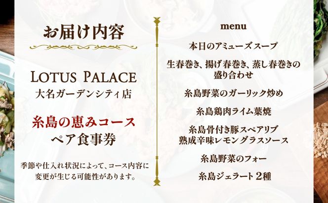 ベトナム料理 コース ペア食事券 ロータスパレス 糸島の恵みコース / 糸島市 / ロータスパレス大名ガーデンシティ店 / エスニック 福岡[ANR001]