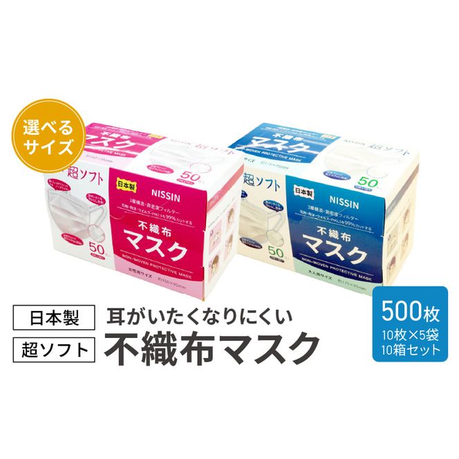 超ソフト 耳がいたくなりにくい不織布マスク（日本製） 500枚入（50枚入（10枚×5袋）10箱セット）【女性用サイズ/大人用サイズ】［169N04］不織布 マスク 日本製 花粉 飛沫 ウイルス