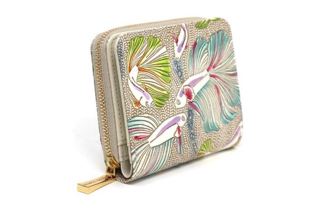 【文庫屋大関】二つ折りファスナーミニ財布 ラビリンスフィッシュ＜グリーン＞【皮革工芸品】財布 二つ折り 小物 お札 カード 小銭 コンパクト 牛革 手作り 日本製 墨田区 東京都